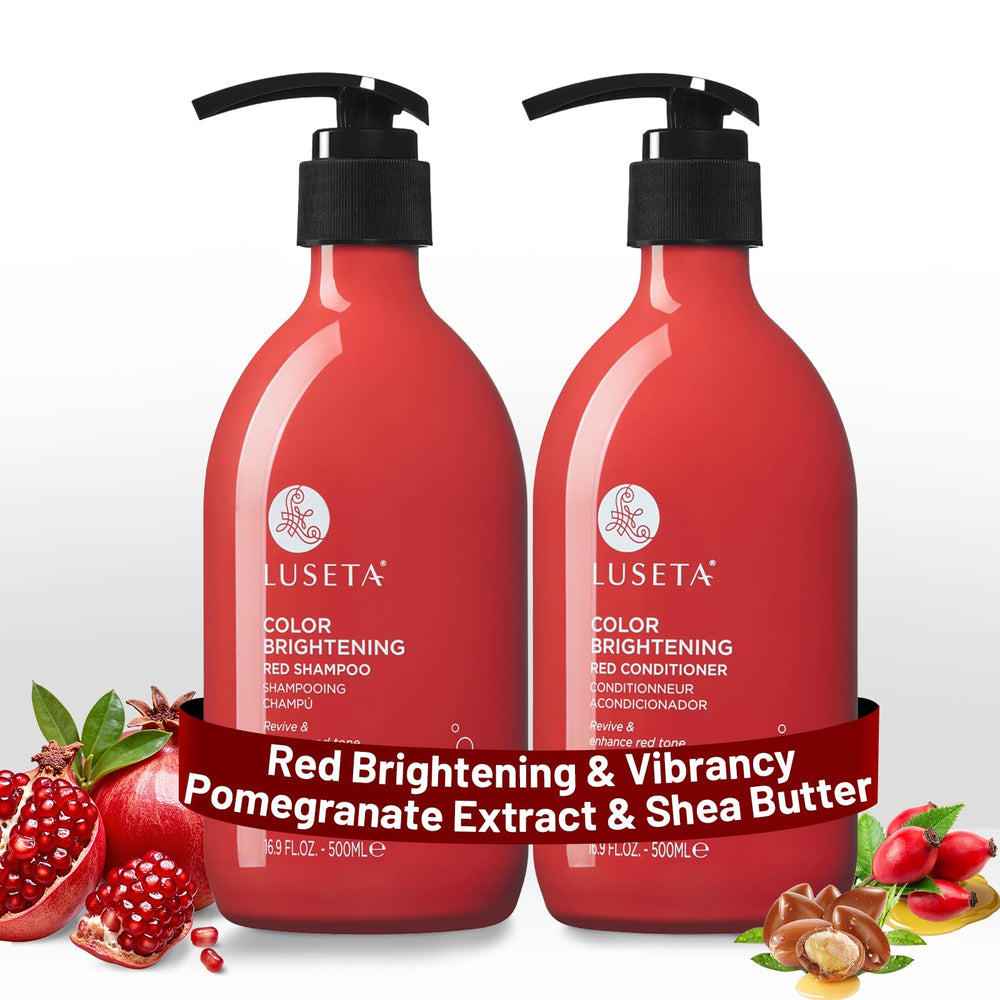 Luseta red hair shampoo bottle highlights vibrant copper tones for color-treated hair.