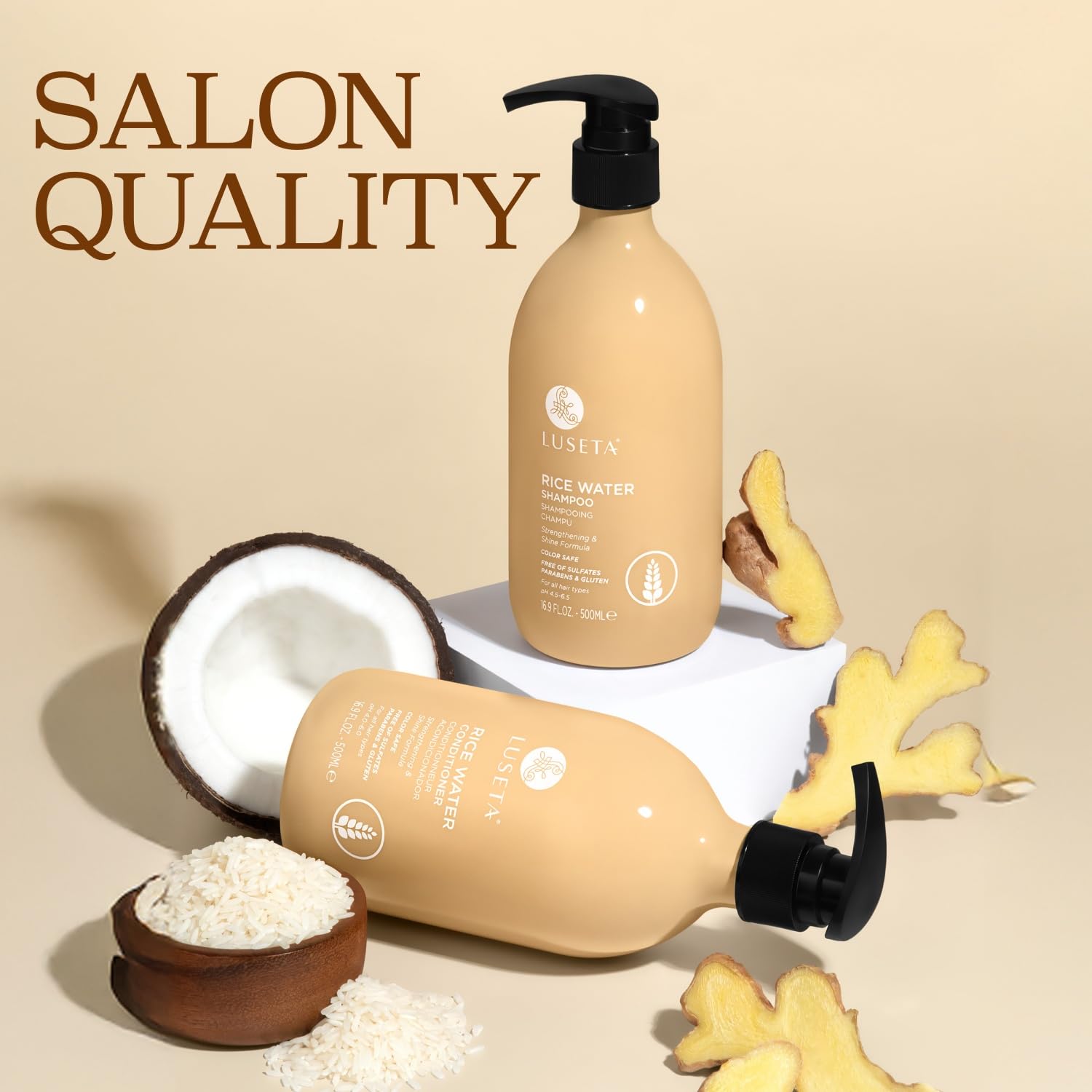 Luseta Rice Water shampoo and conditioner paired display for daily use.