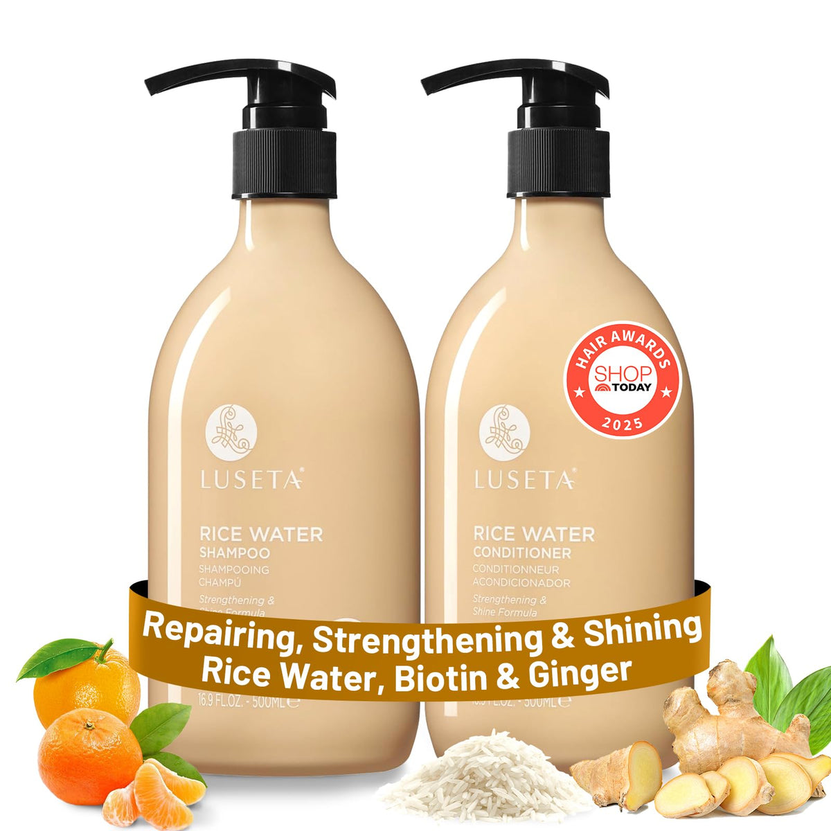 Luseta Rice Water Shampoo bottle pouring for smooth, hydrated hair.