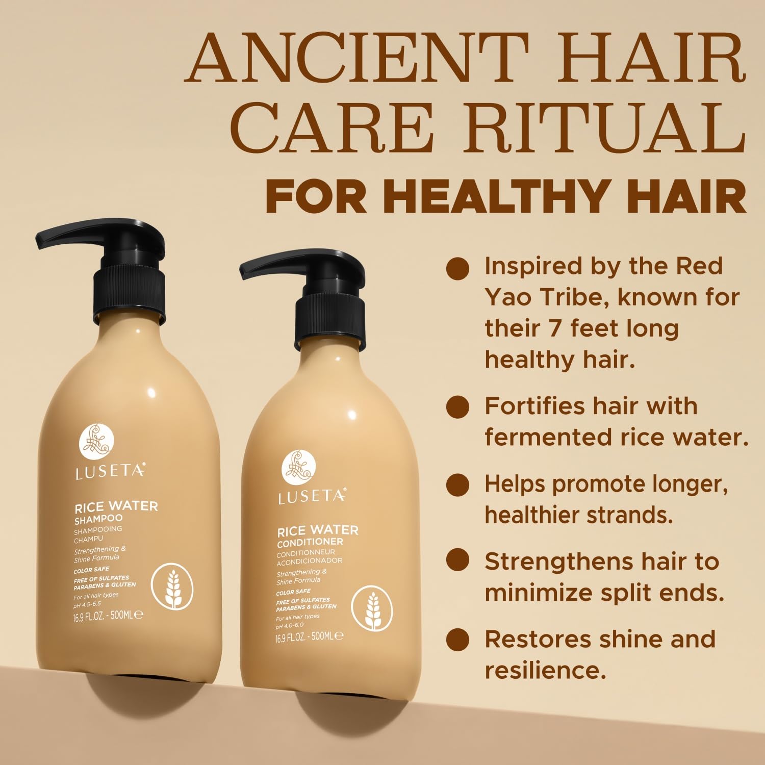 Luseta Rice Water Shampoo label closeup with key ingredients listed.