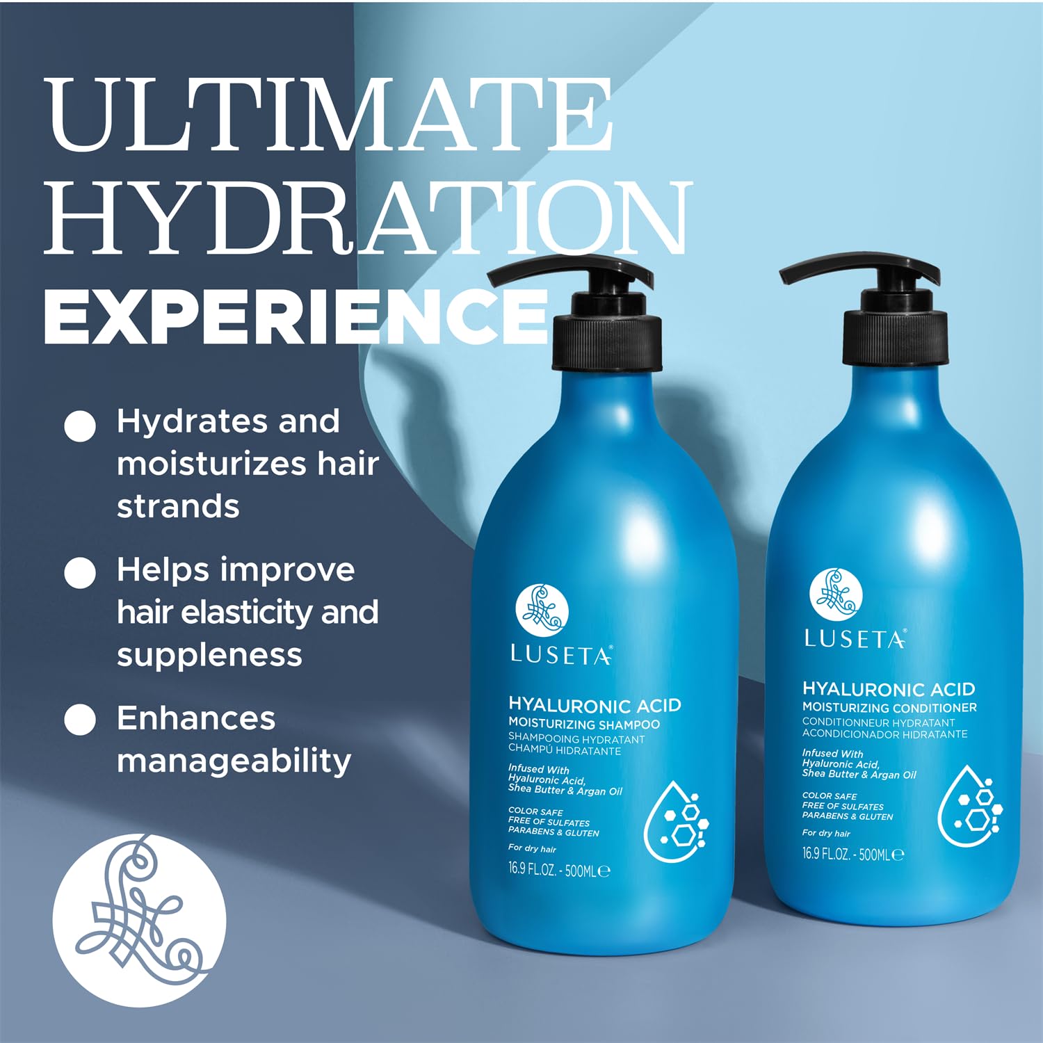 Luseta shampoo and conditioner set packaging shown for easy gifting.