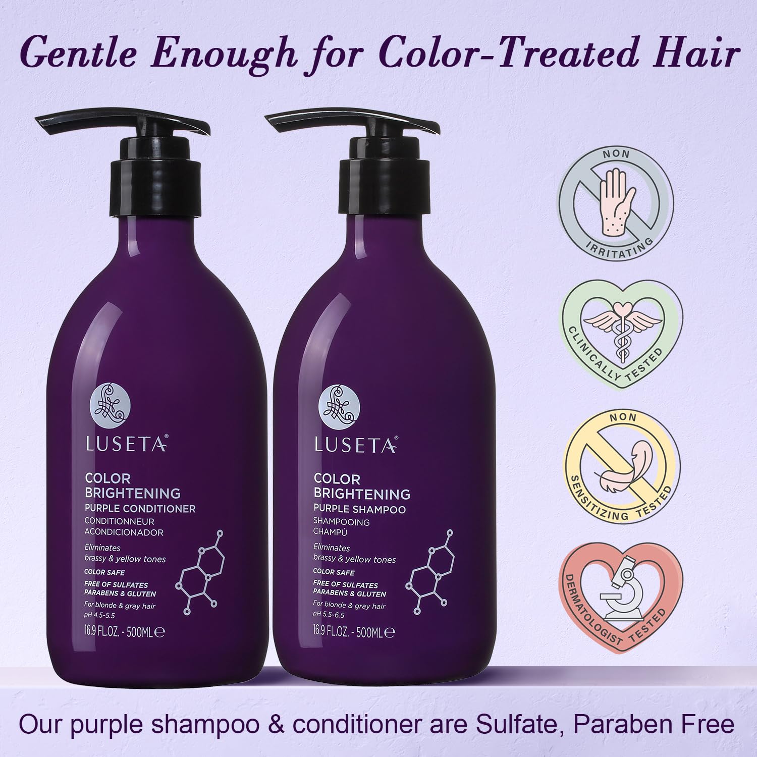 Close-up of packaging highlights the sulfate-free label for color-safe daily use.