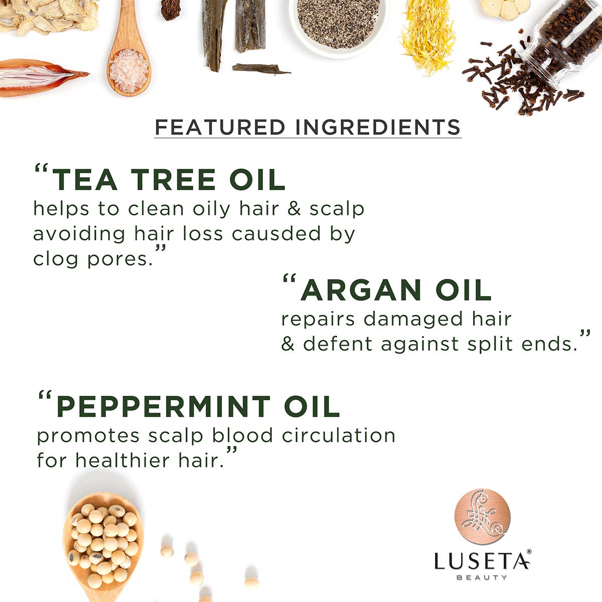 Luseta Tea Tree Argan conditioner label closeup shows rich nourishment.