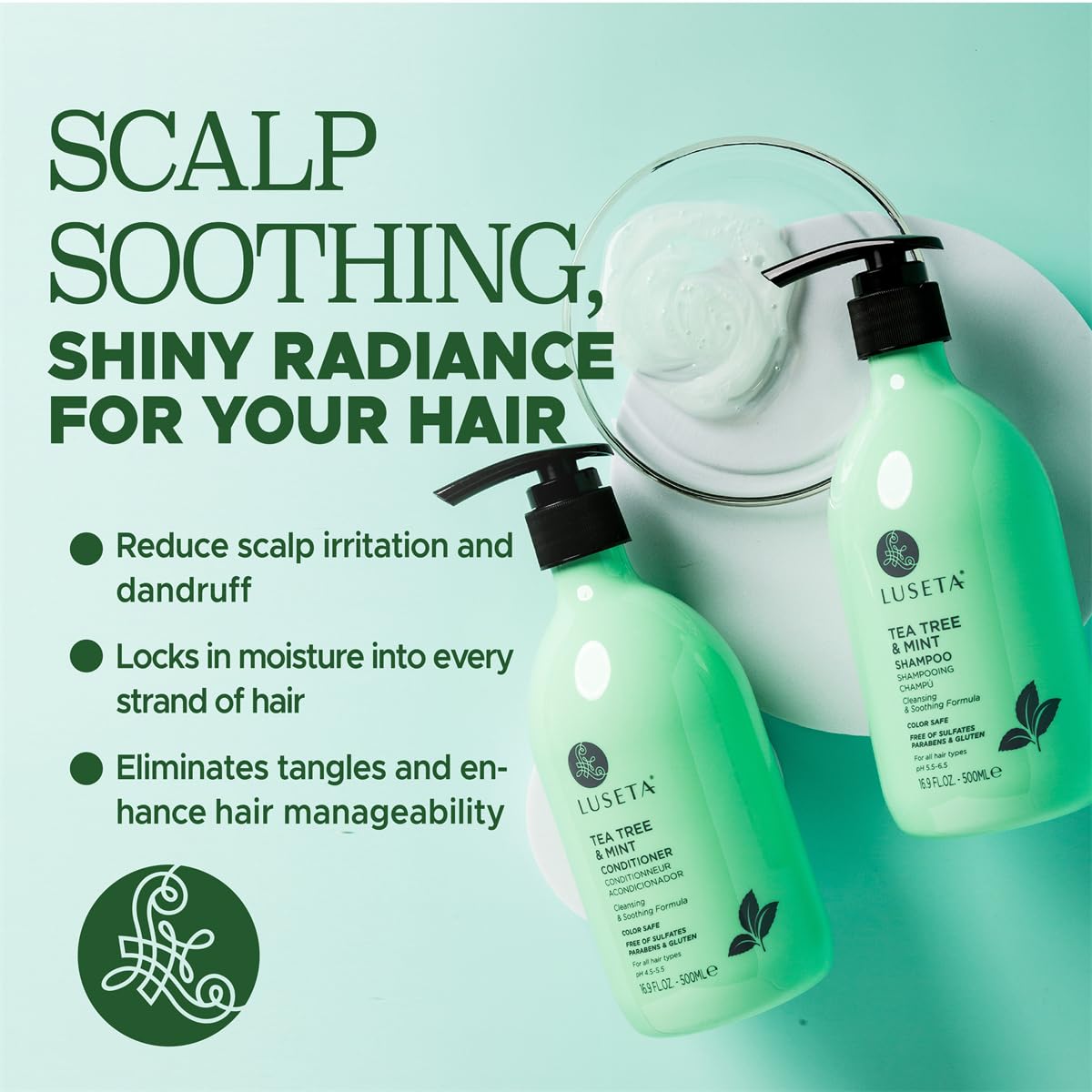 Luseta Tea Tree Mint Conditioner bottle promotes detangling and scalp soothing during styling.