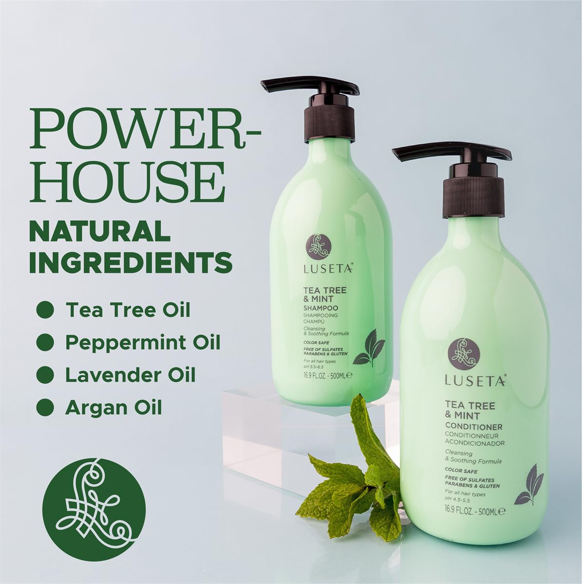 Luseta Tea Tree Mint Conditioner label emphasizes color-safe, gentle formula.