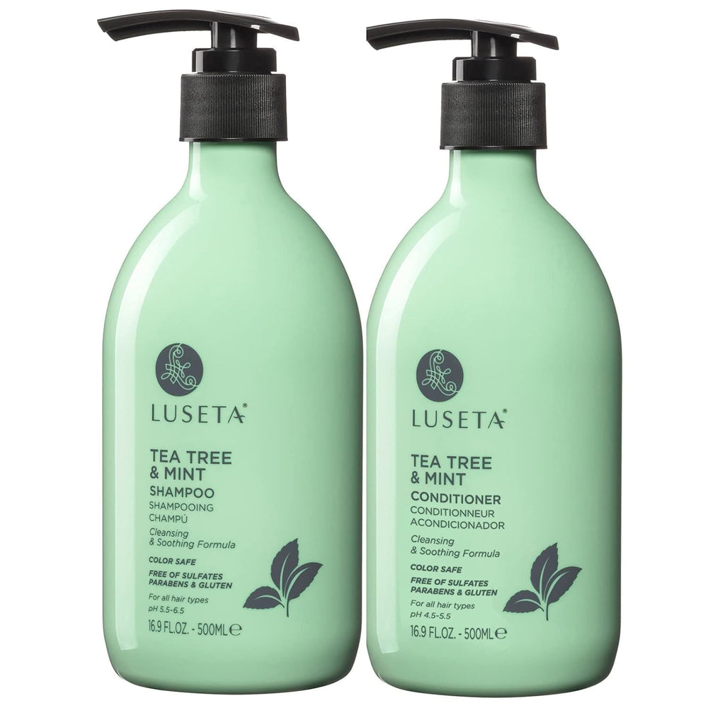 Luseta Tea Tree Mint Shampoo bottle showing refreshing scalp cleansing for daily use.