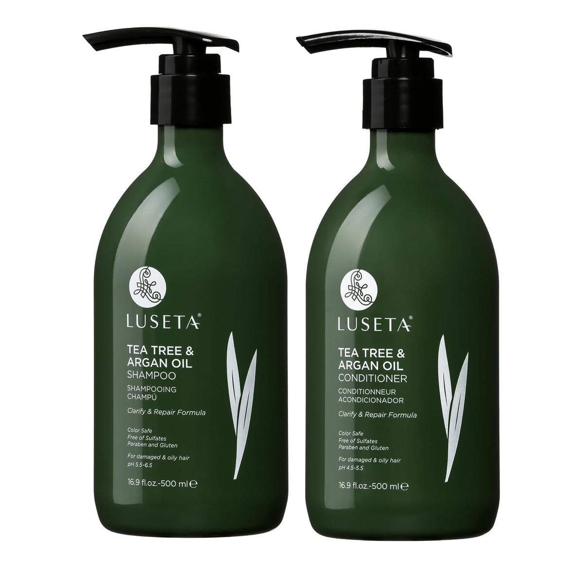 Luseta Tea Tree Shampoo bottle showing clarifying cleanse for oily scalp