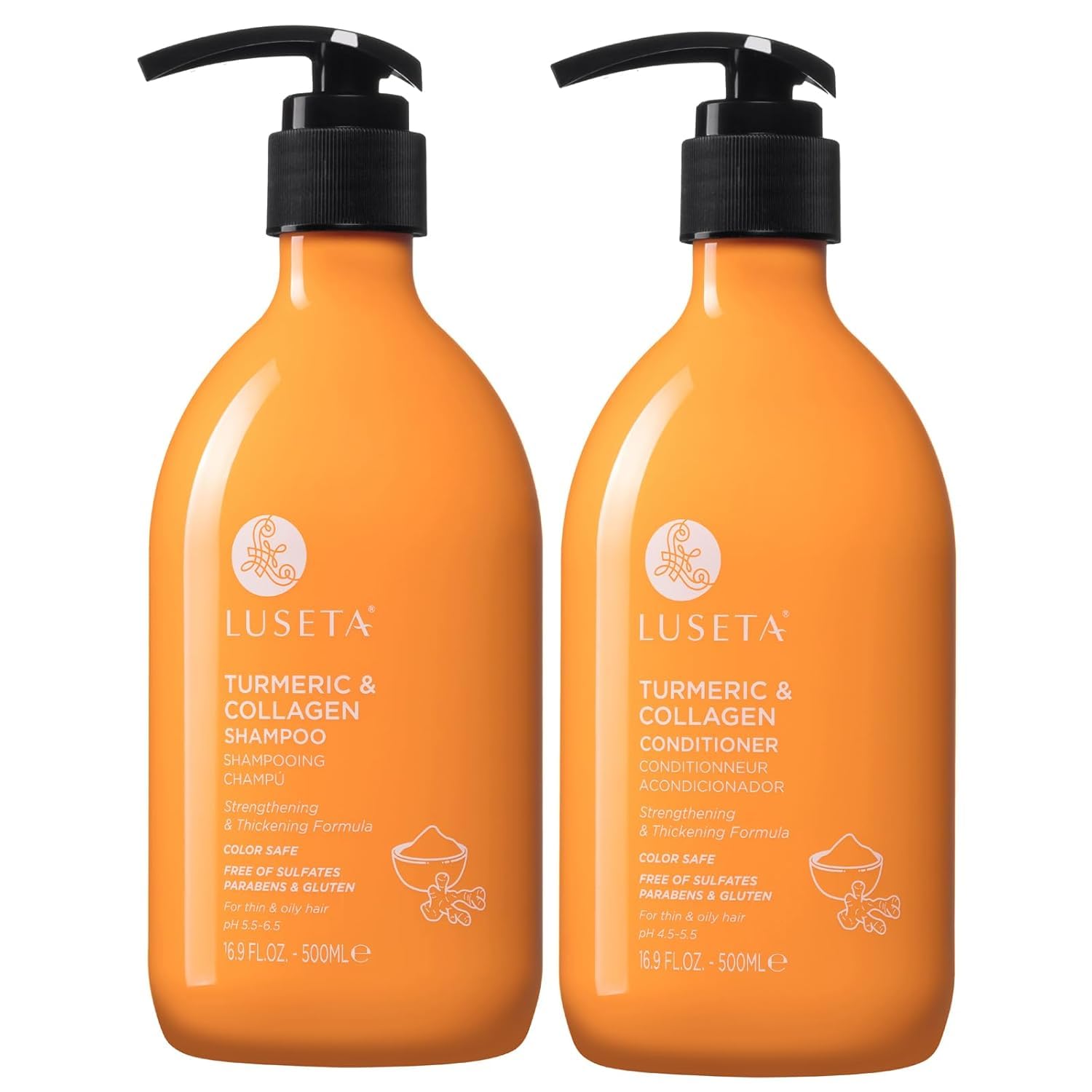Luseta turmeric collagen shampoo bottle promotes thicker, fuller hair.