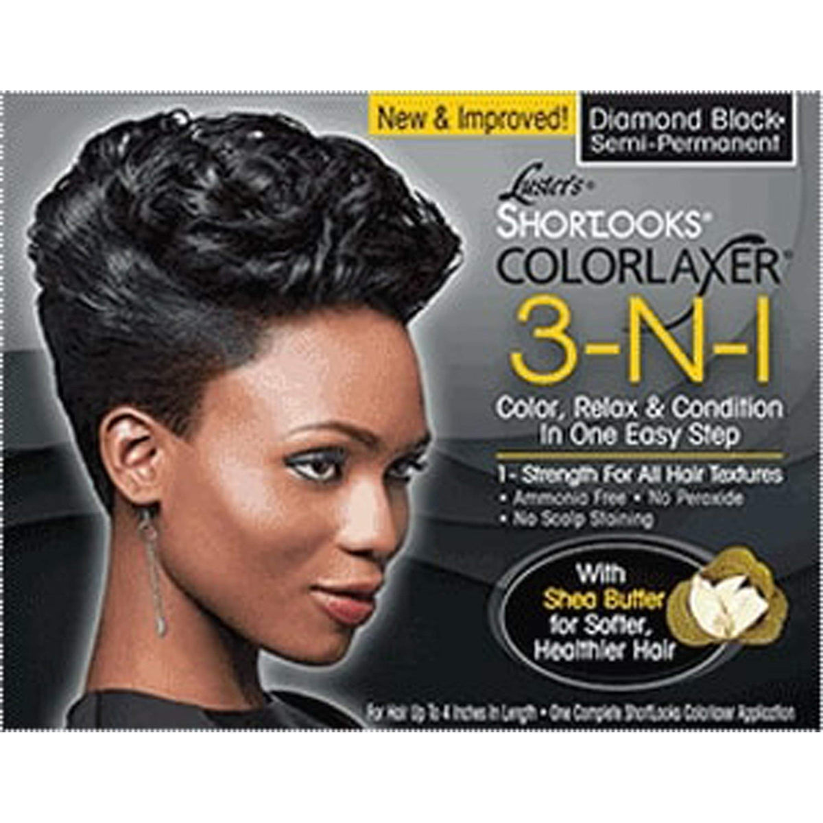 Luster Shortlooks Color Relaxer 3n1 Diamond Black, embalaje claro para fácil identificación y compra.