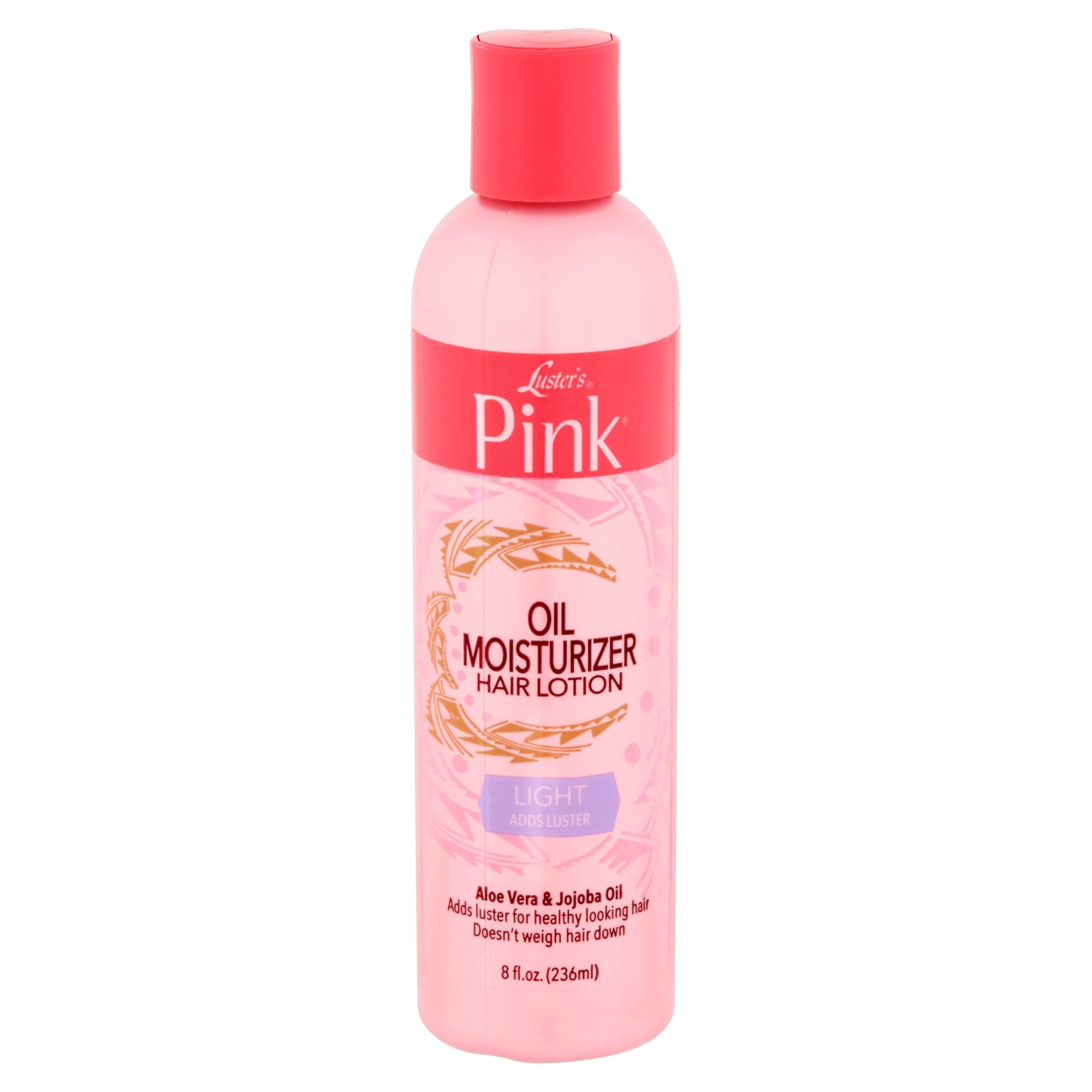 Luster's loción hidratante rosada para el cabello con aloe vera y jojoba, aporta brillo y nutrición.