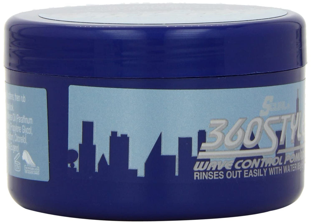 Luster's S-Curl 360 Wave Control Pomade waves image highlights defined texture and control.