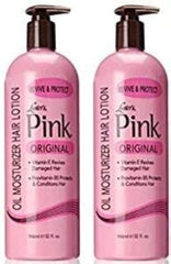 Luster's Scurl Pink Oil Moisturizer bottle pour highlights easy application and hydration.