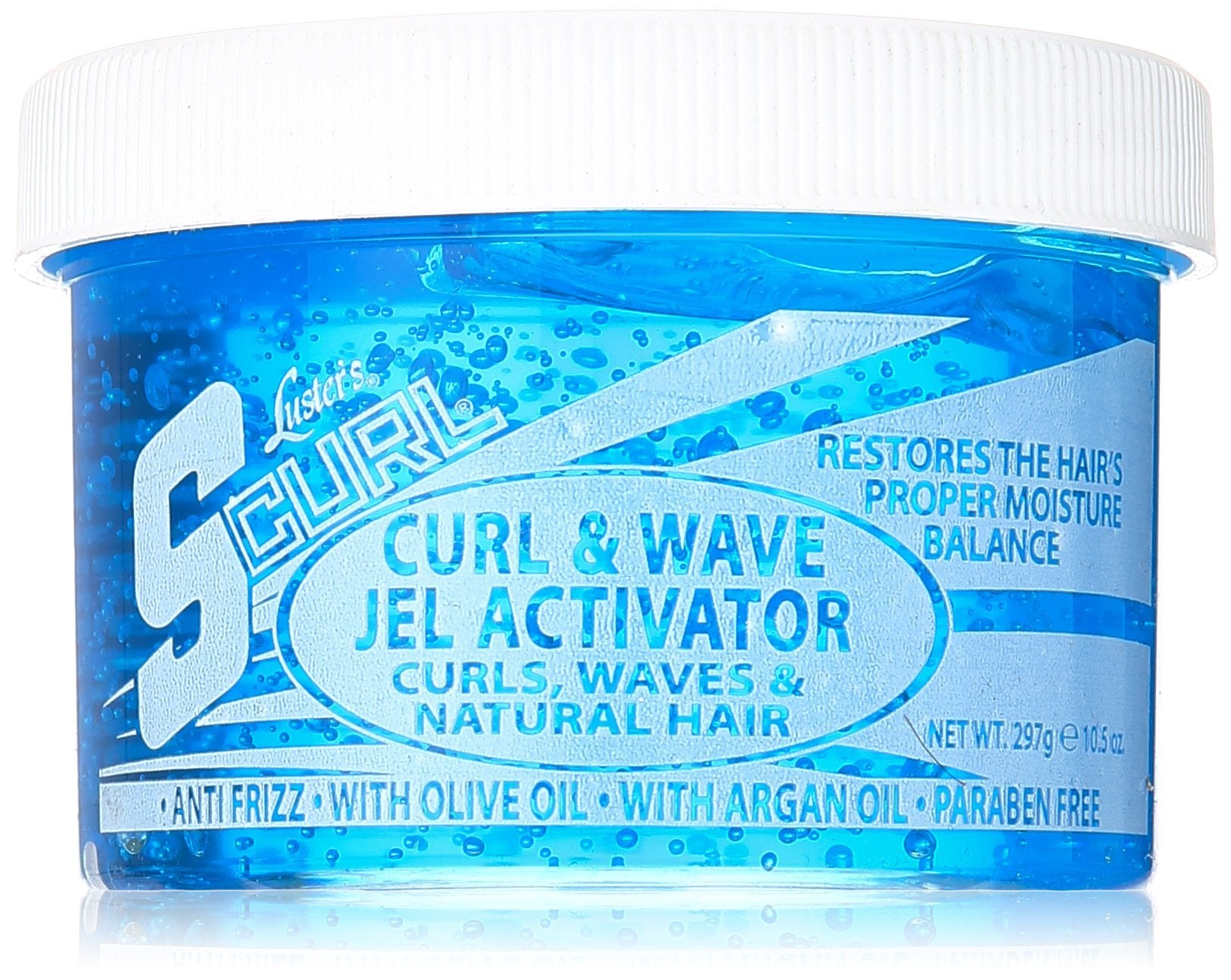 Luster's S Curl Wave Gel and Activator bottle shows defined curls and moisture.