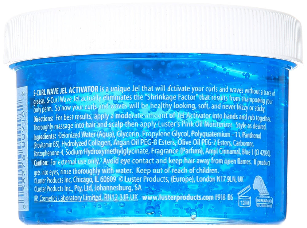 Luster's S Curl Wave Gel close-up highlights defined waves and frizz control.
