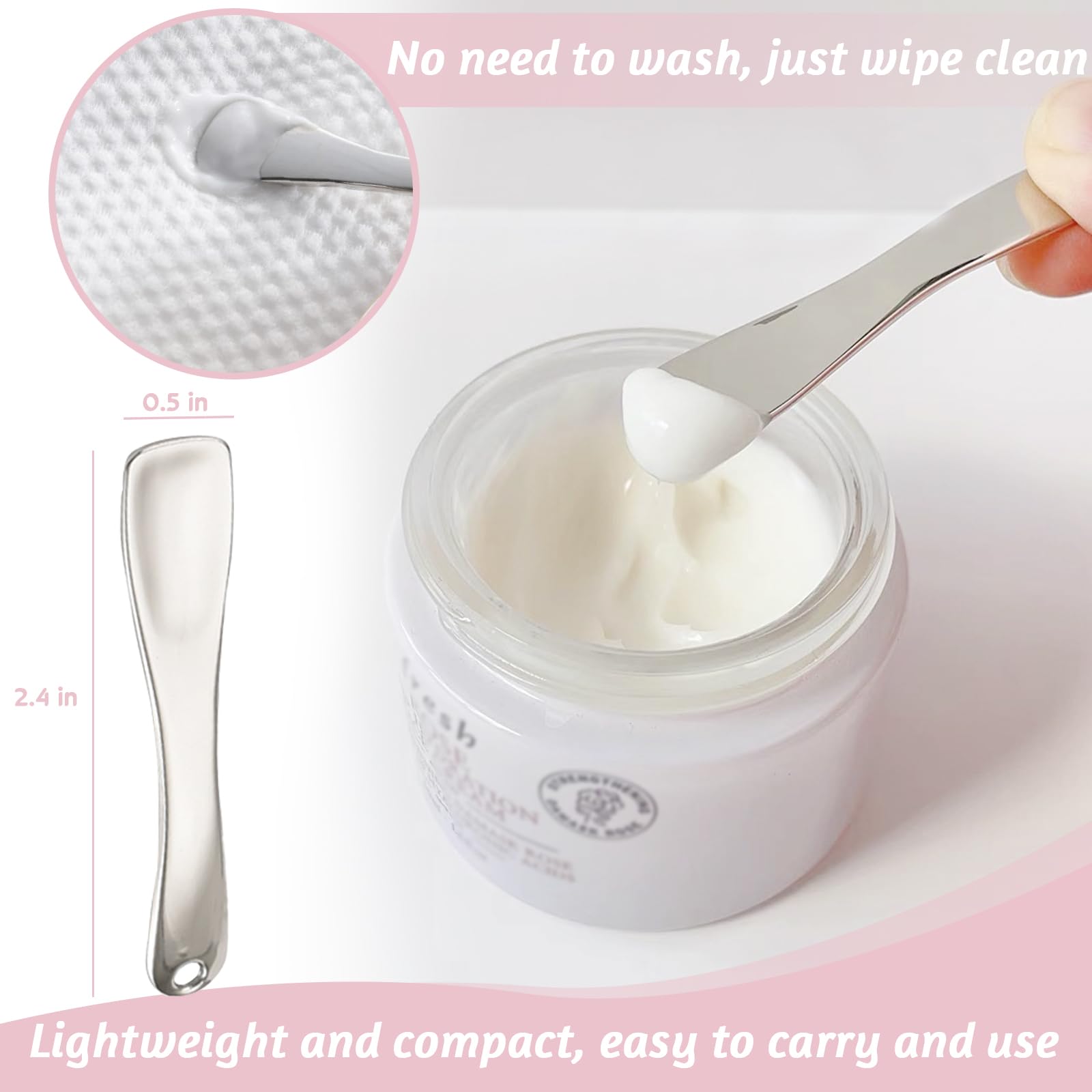 LUTQ espátula de metal en rosa, vista lateral para dosificar crema con higiene.