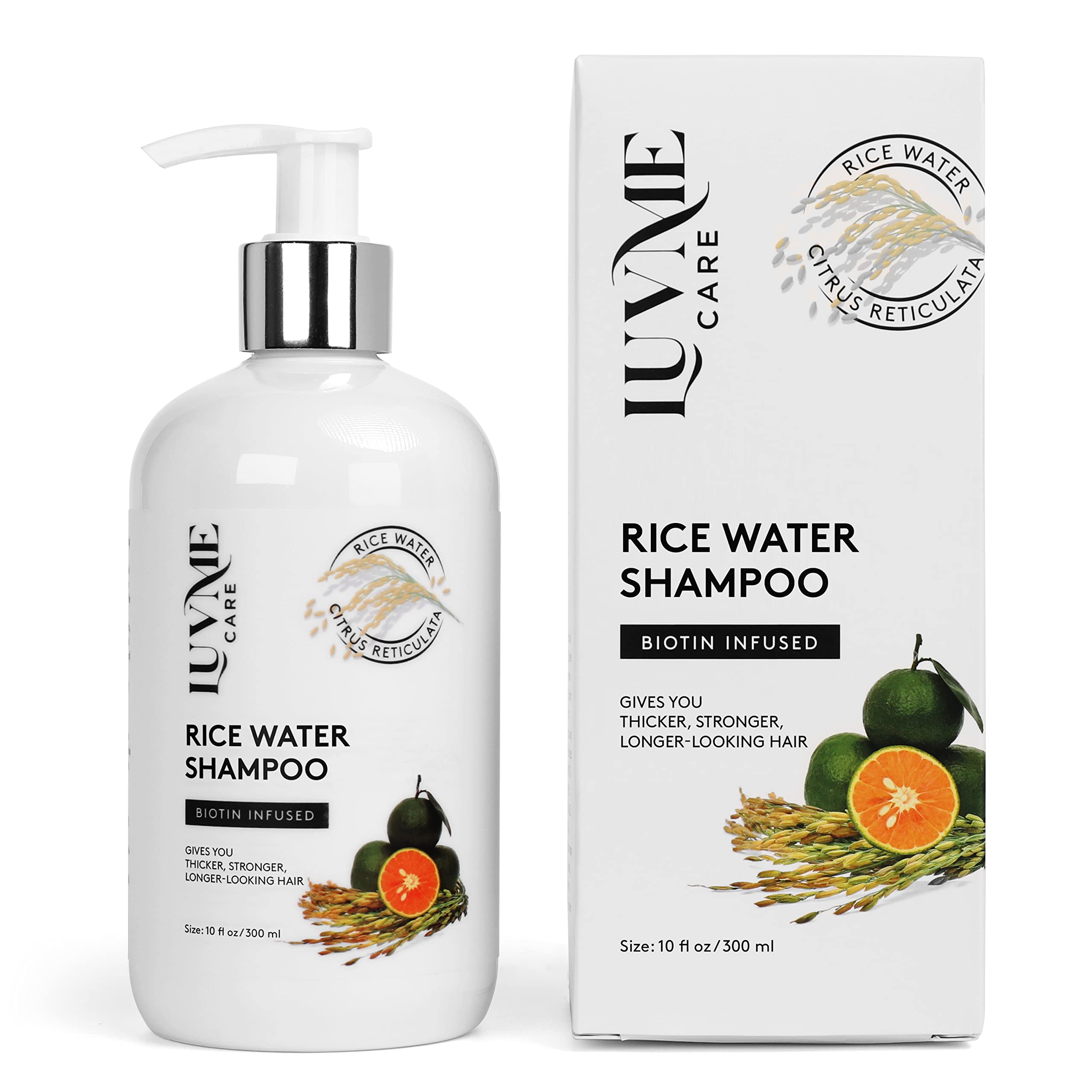 Champú de arroz Luv Me Care en botella para engrosar el cabello y fortalecer desde la raíz.
