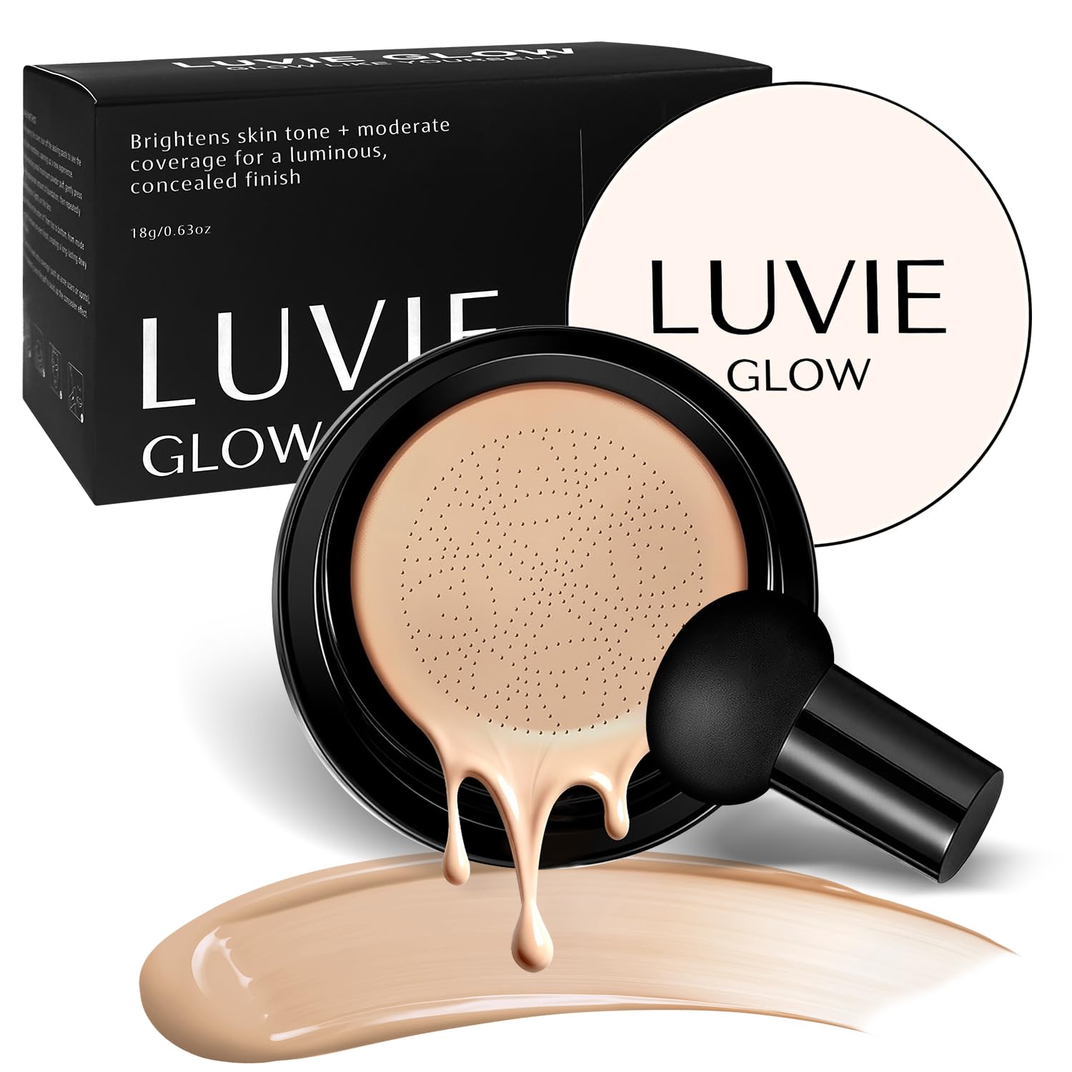 Luvie Glow Foundation con aplicador hongo para una aplicación suave en piel sensible.