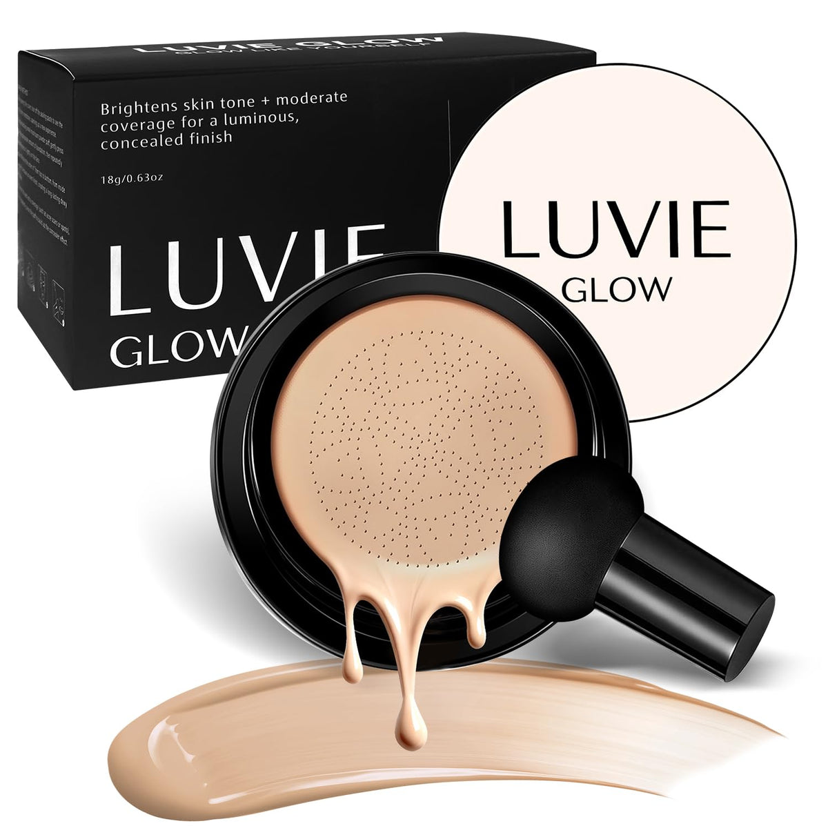 Luvie Glow Foundation con aplicador hongo para una aplicación suave en piel sensible.