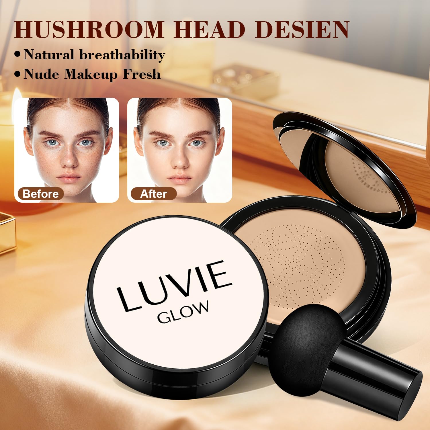 Luvie Glow Foundation ofrece cobertura ligera y natural para un acabado uniforme.