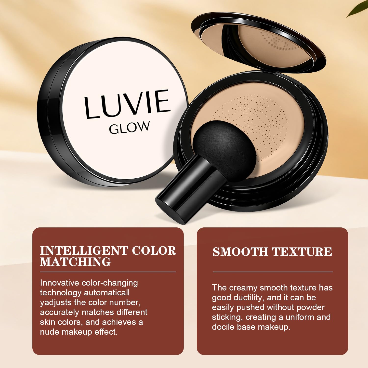 Luvie Glow Foundation en envase compacto ideal para retoques sobre la marcha.