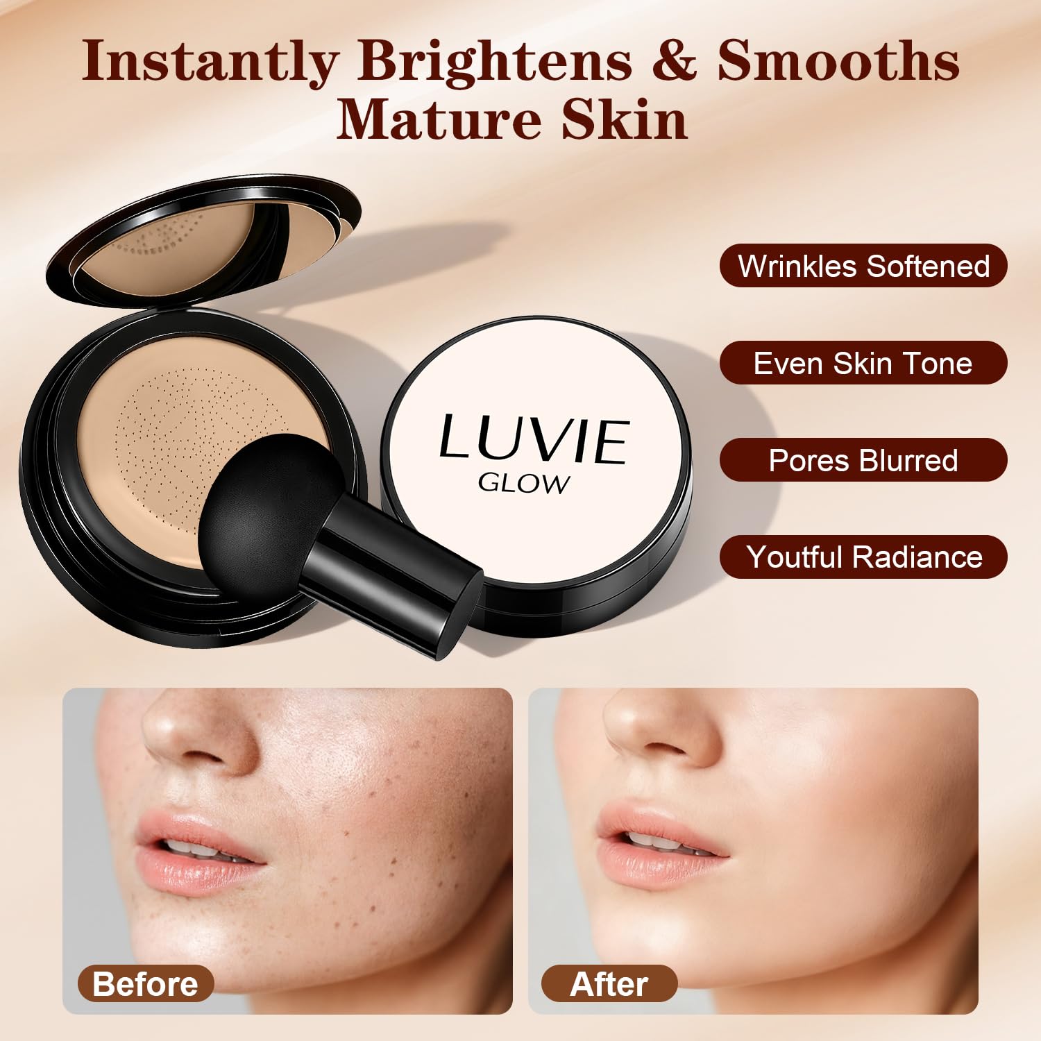 Luvie Glow Foundation en tono cálido para piel clara a media.