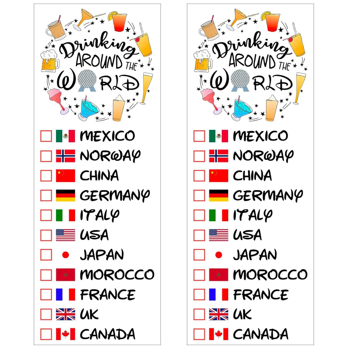 Tatuaje temporal Luvlewen Bebiendo alrededor del mundo con diseño colorido para marcar países explorados.