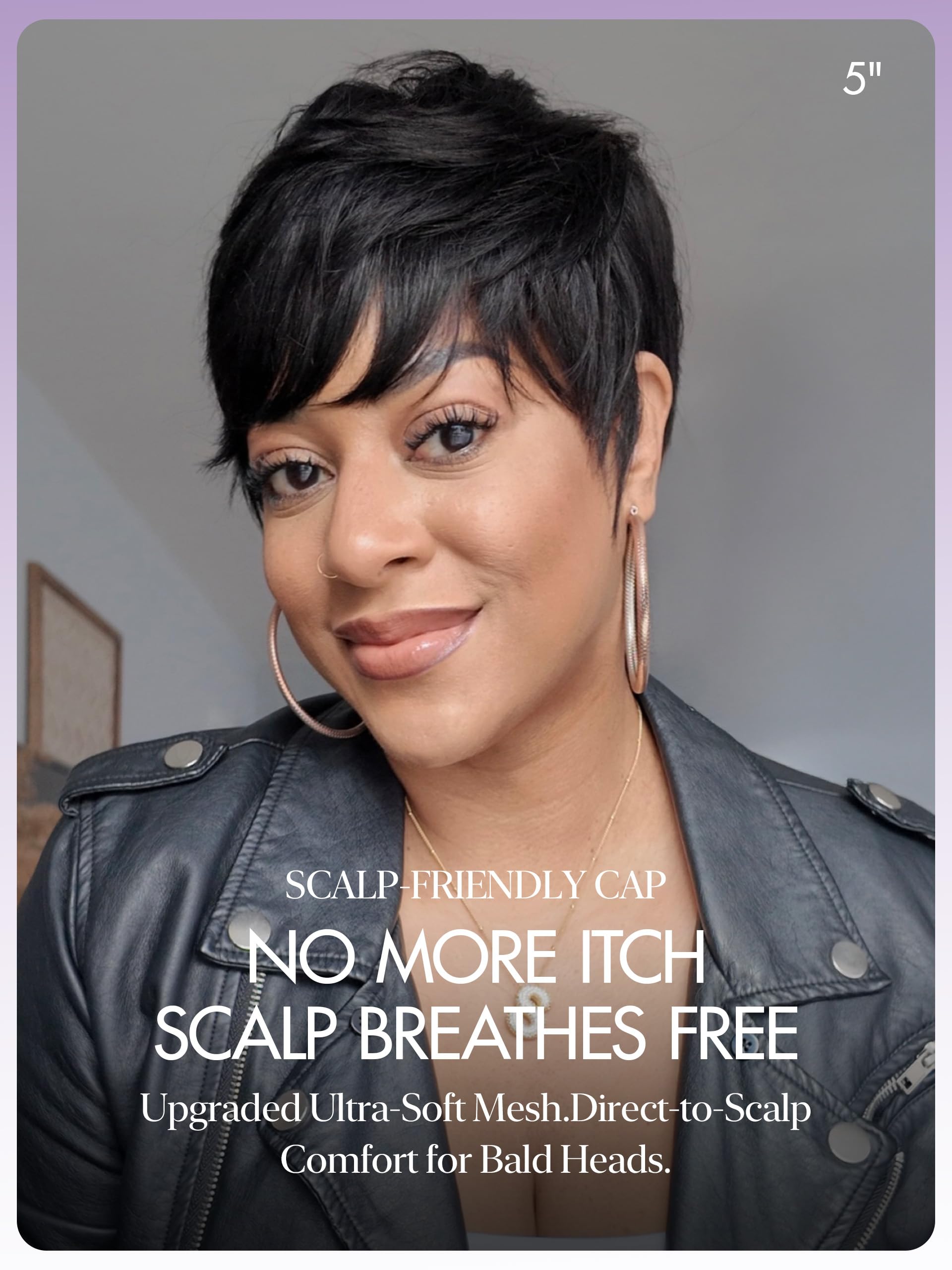 LUVME HAIR Ultra Comfort pixie bangs detail showing layered texture