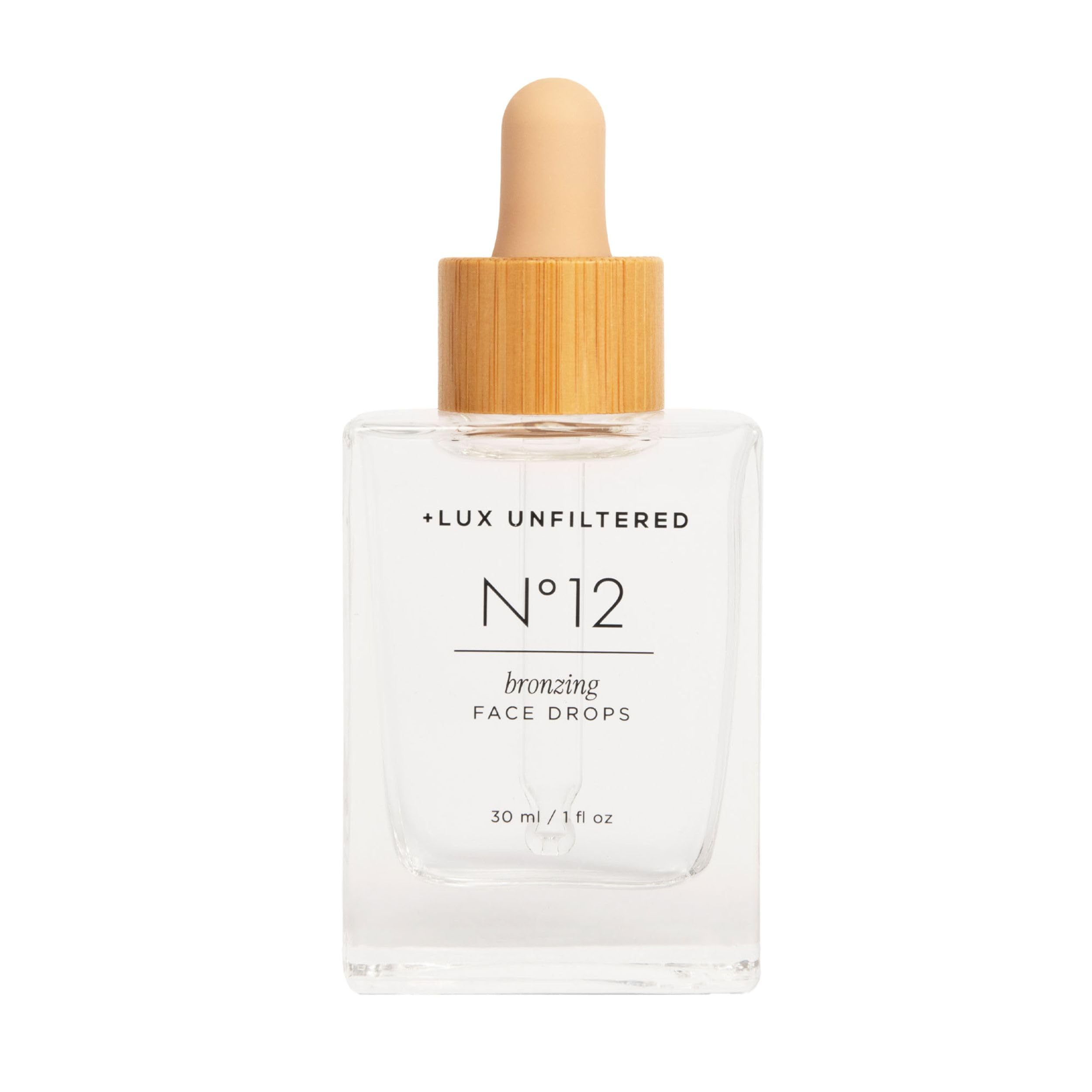 Lux Unfiltered N°12 bottle of fragrance-free tanning drops for a natural glow