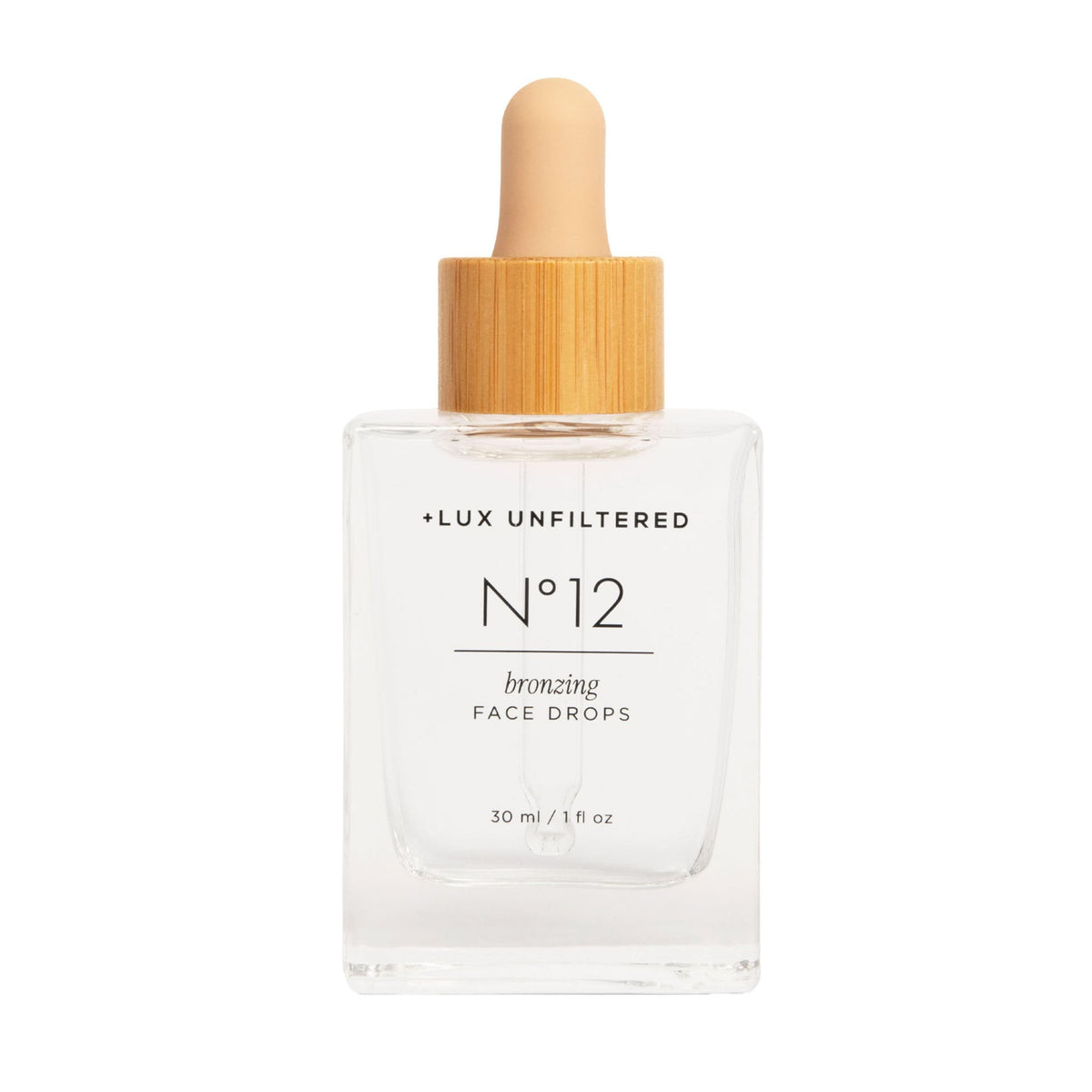Lux Unfiltered N°12 bottle of fragrance-free tanning drops for a natural glow