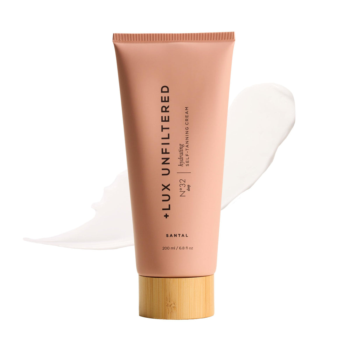 Lux Unfiltered N°32 self-tanner bottle highlighting hydrating, buildable color for a natural-looking tan