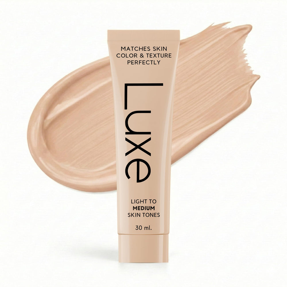 Luxe Color Changing Foundation bottle pouring demonstrates seamless application.