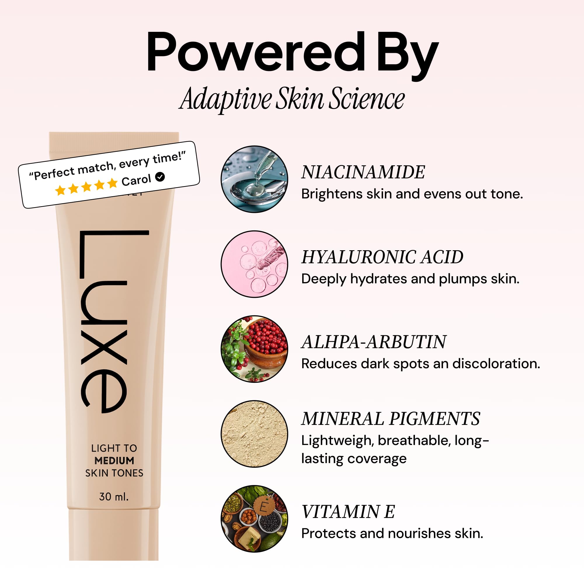 Luxe Color Changing Foundation model close-up highlights natural dew finish.