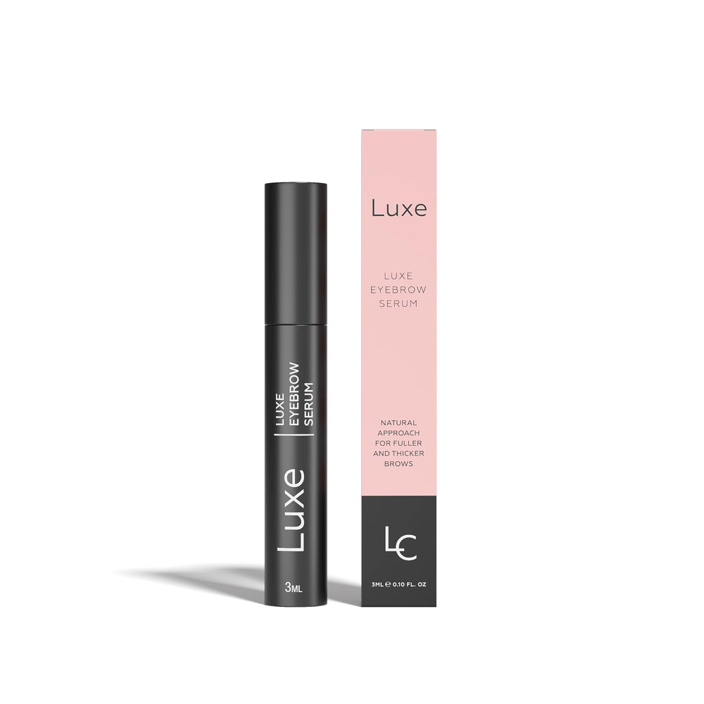 Luxe Cosmetics Eyebrow Serum bottle close-up showing fuller brows potential.