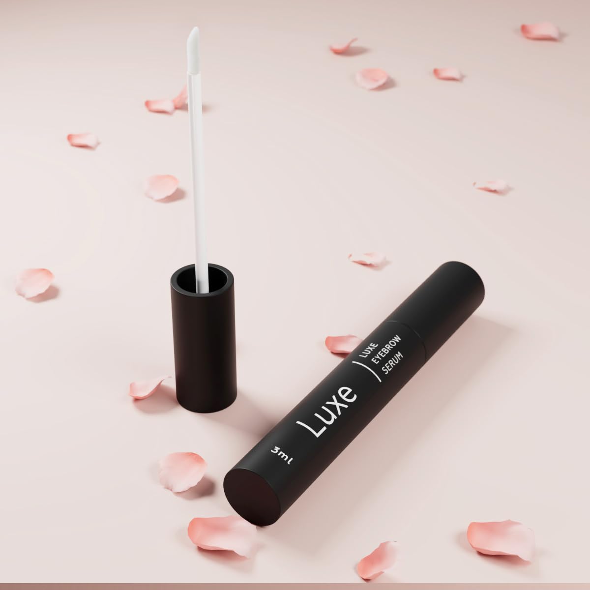 Vegan cruelty-free seal beside Luxe Cosmetics Eyebrow Serum emphasizing ethical choice.