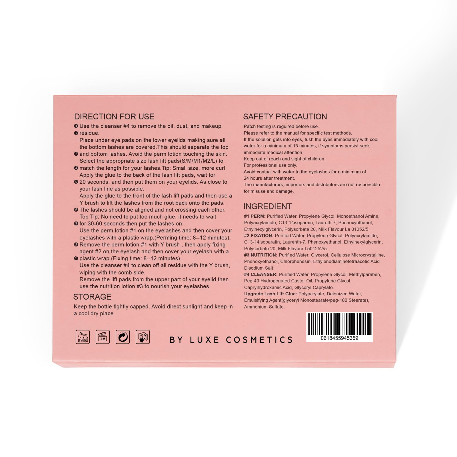 Luxe Cosmetics Lash Lift Kit content reveals tools and sachets for easy setup.
