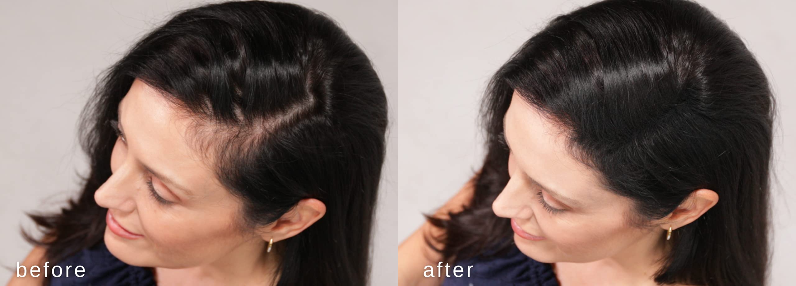 LUXE Hair Building Fibers application close-up illustrates easy, blendable application.