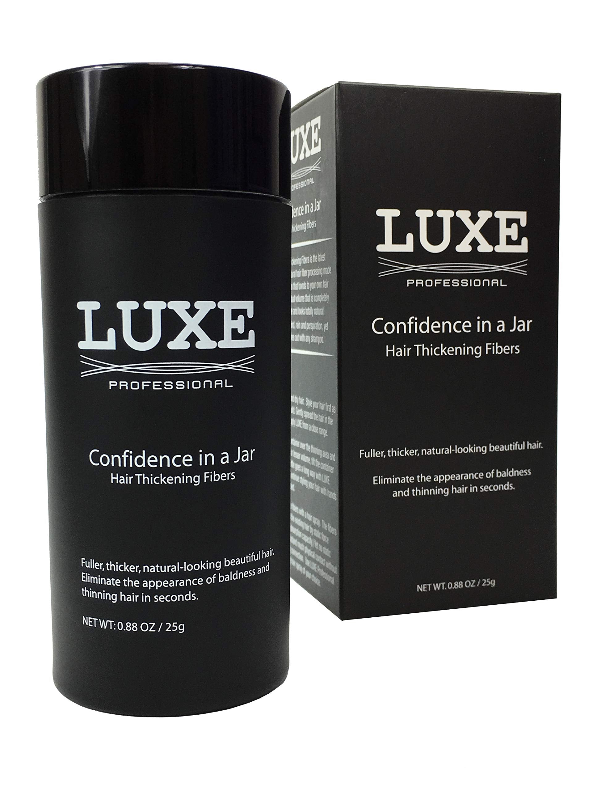 LUXE Hair Building Fibers jar cap shows secure lid for travel-friendly use.