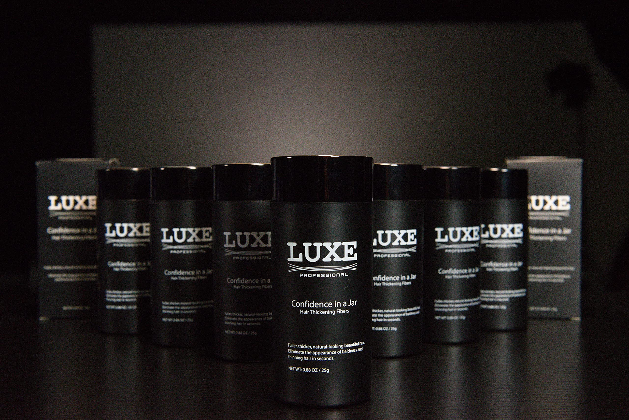 LUXE Hair Building Fibers thinning-area coverage example highlights quick enhancement.