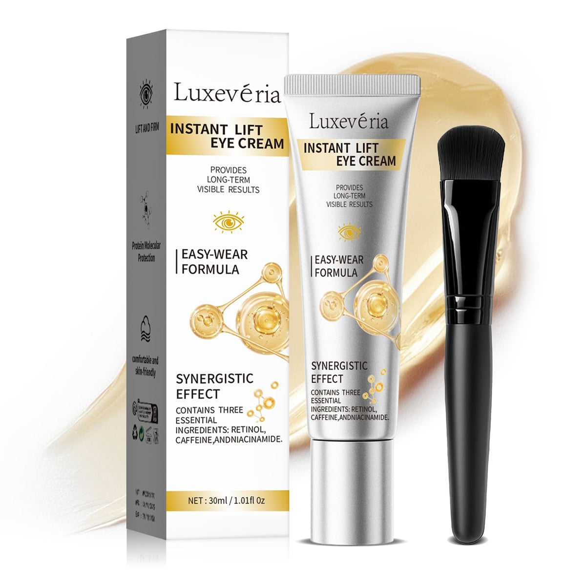 Luxeveria Crema Levantadora de Ojos rodea las bolsas con hidratación suave.