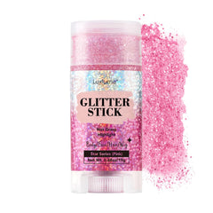 Luxfume Hair Glitter Pink Stick adds luminous pink highlights for portable on-the-go sparkle.