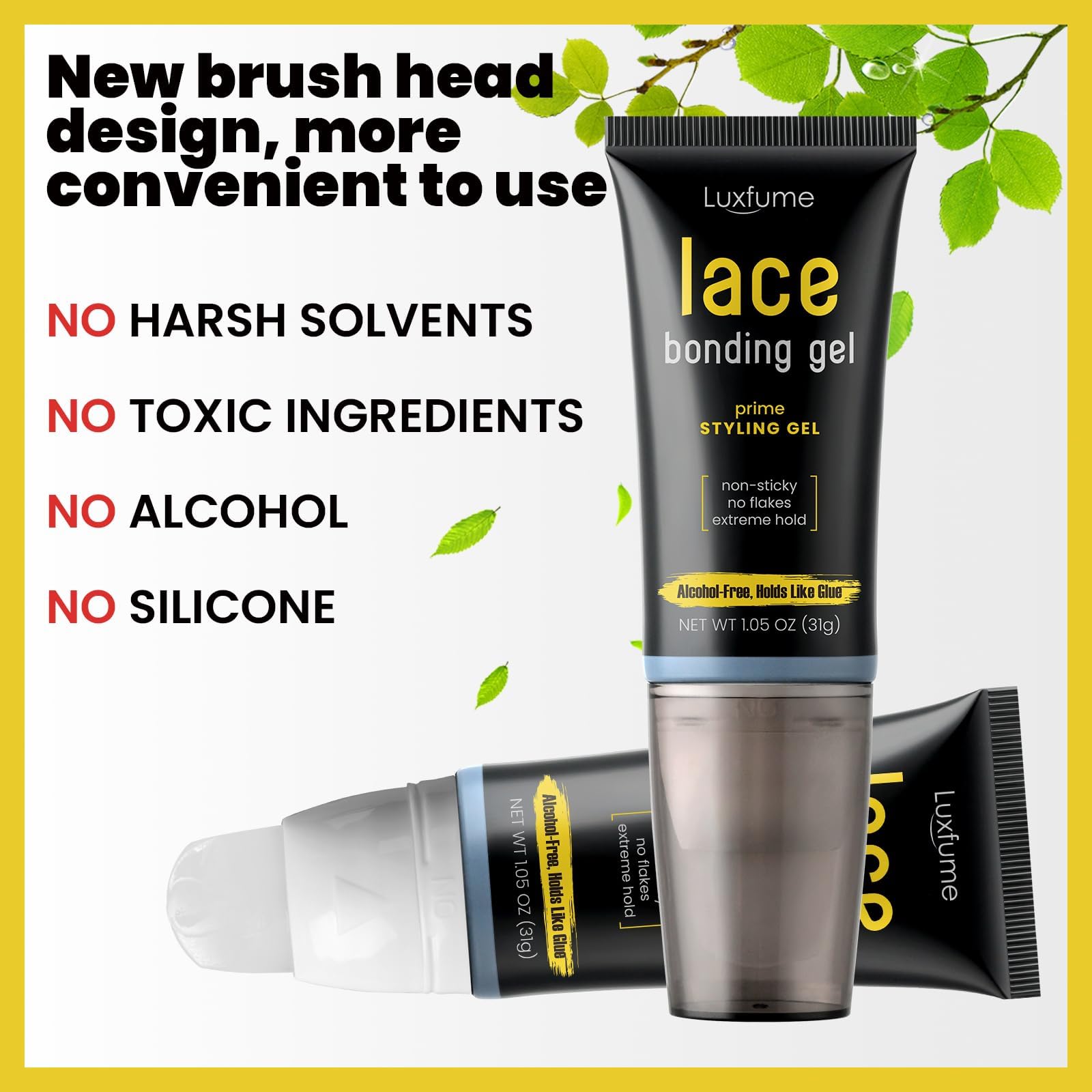 Luxfume wig glue with new brush head for precise front hairline.