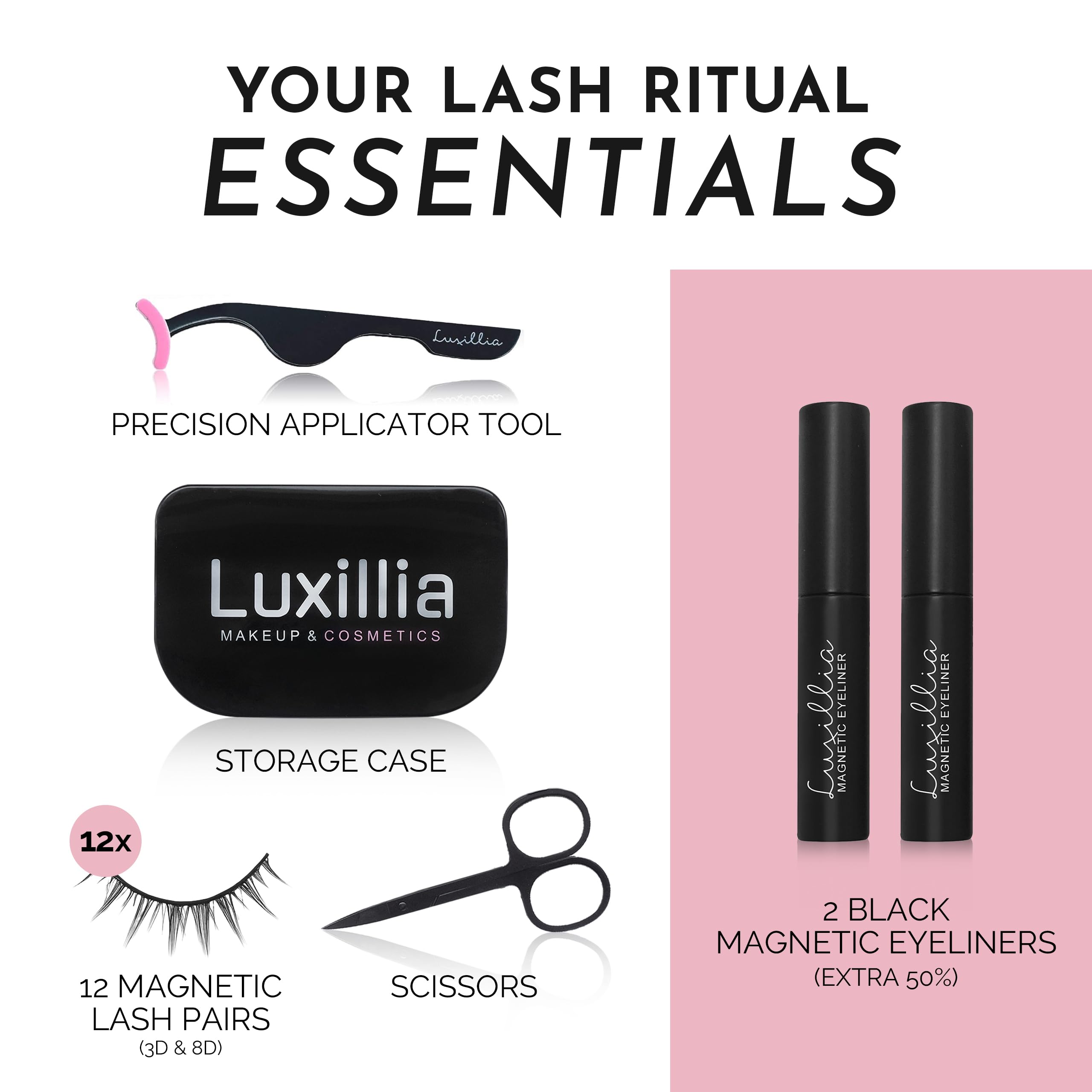 Luxillia eyelash applicator tool shown for precise glue-free placement.