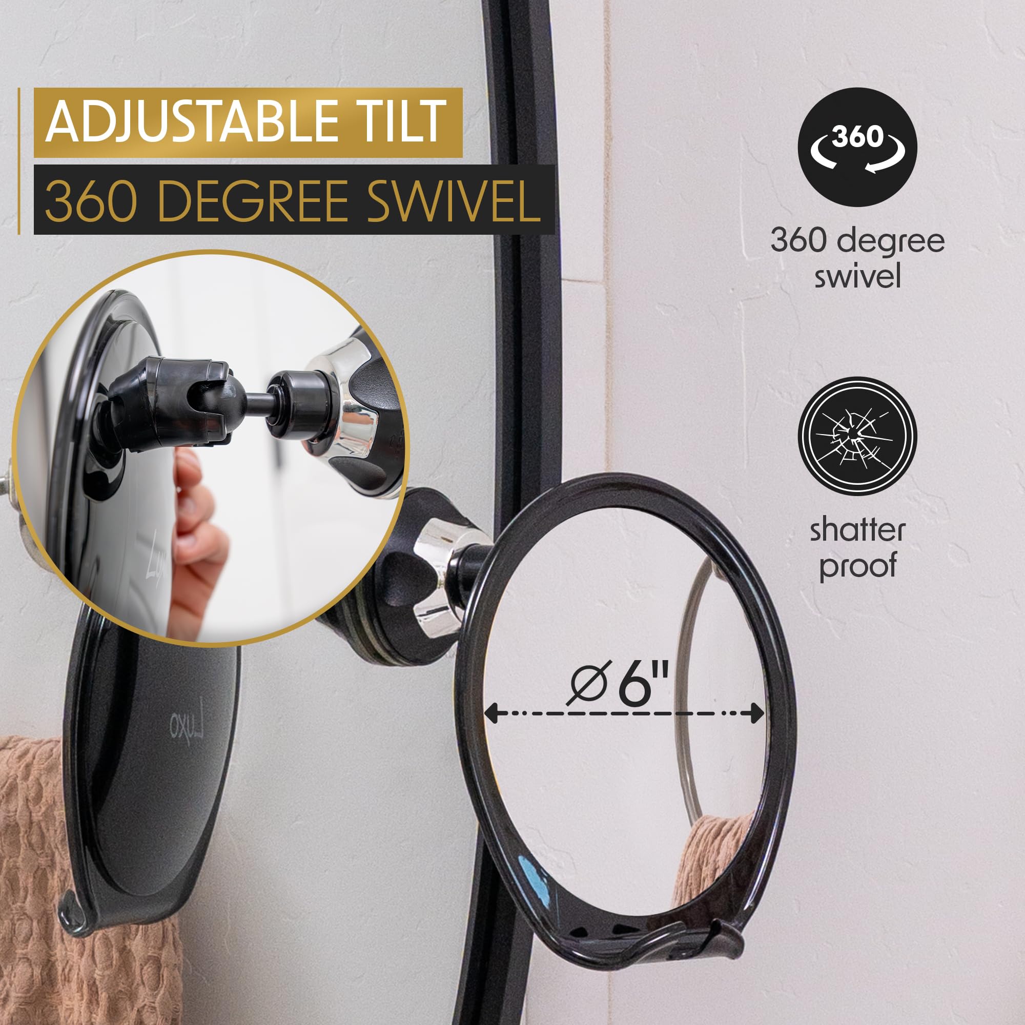 Luxo Shower Mirror Black portable design ideal for travel or camping.