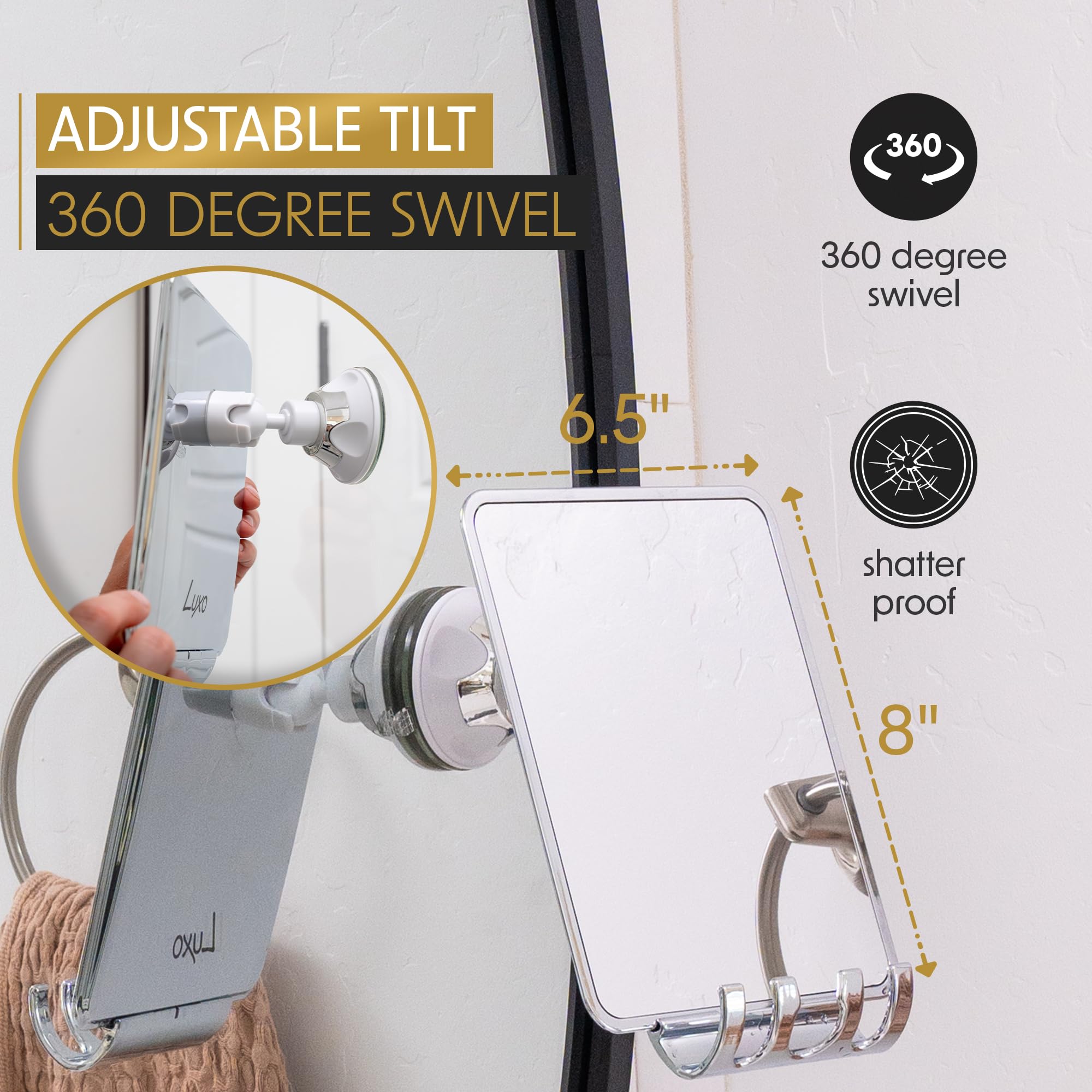 Luxo shower mirror showing removable razor holder for easy grooming