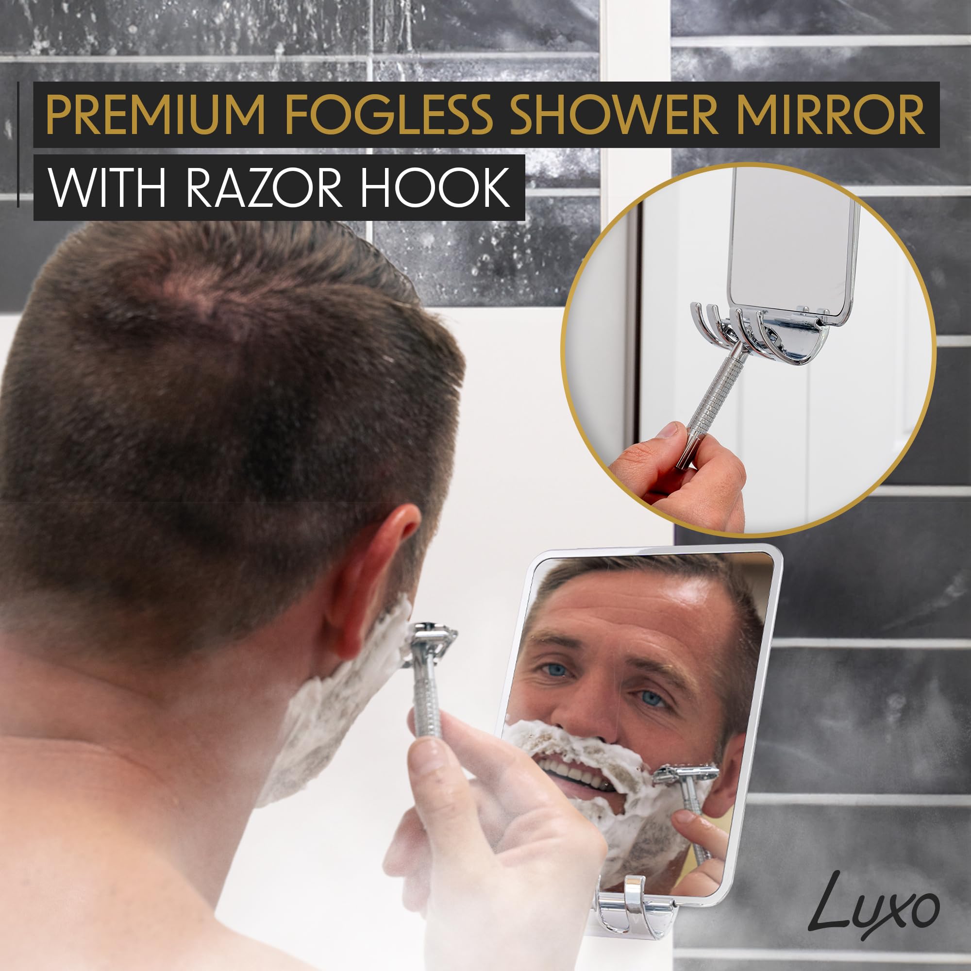 Luxo shower mirror with a strong suction cup for tool free installation