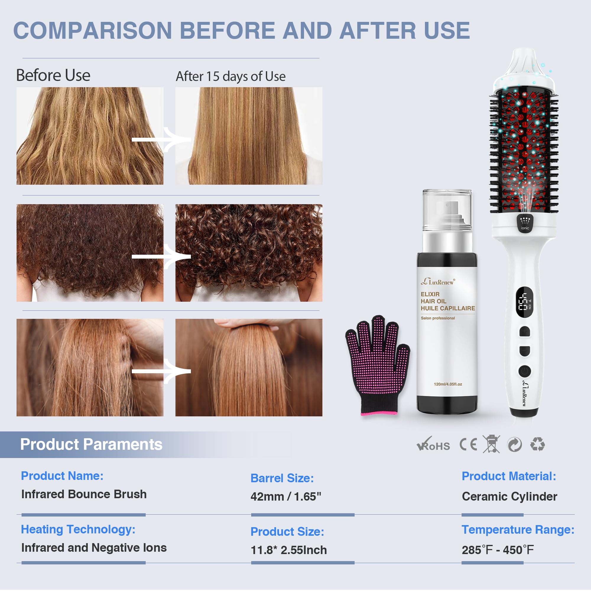 LuxRenew Plus anti-tangle-bristles image supports quick, snag-free styling.