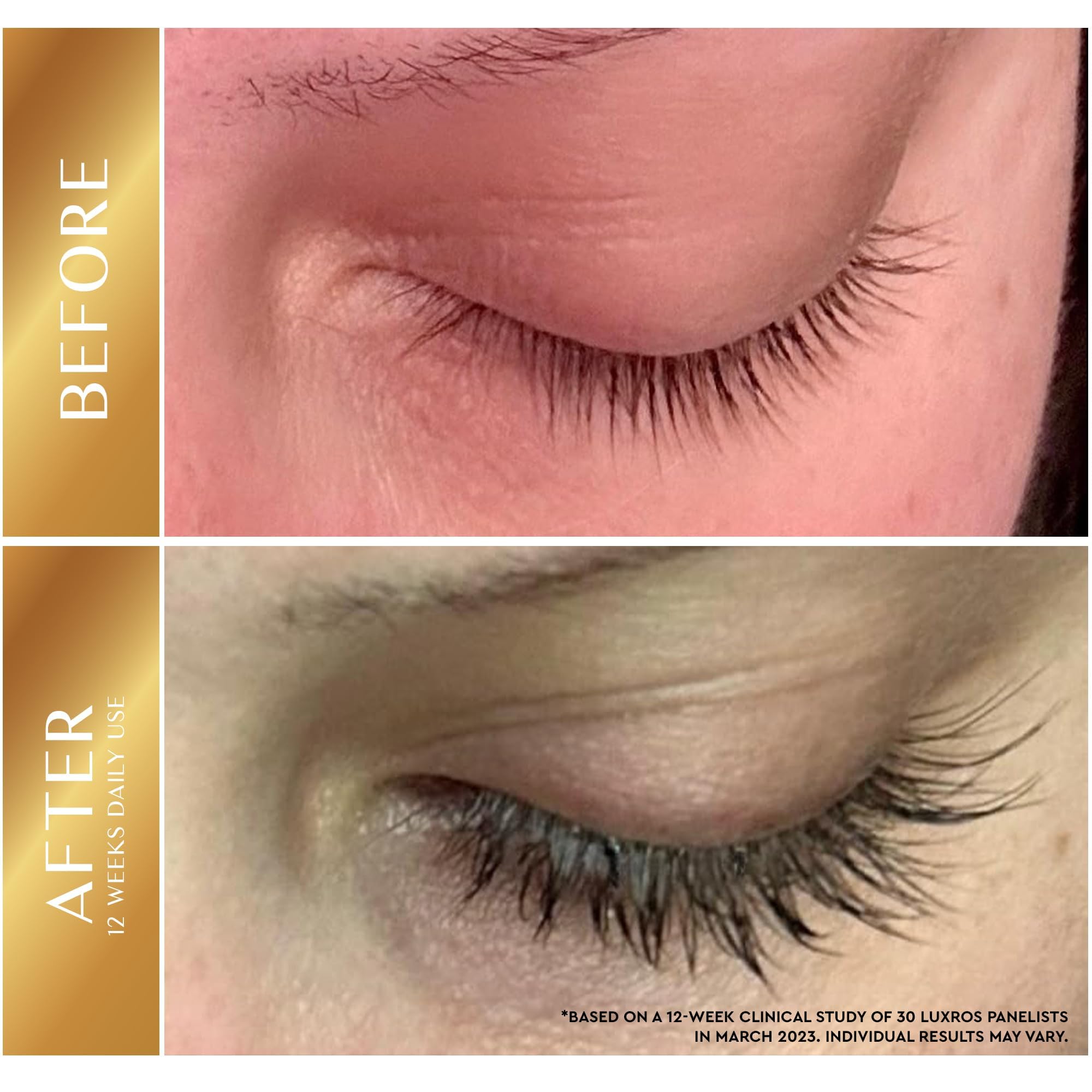 LUXROS eyelash growth serum being applied to lashes for fuller, longer look.