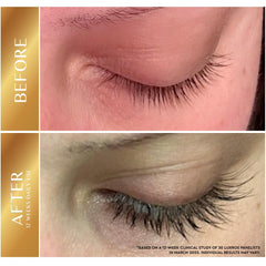 LUXROS eyelash growth serum being applied to lashes for fuller, longer look.
