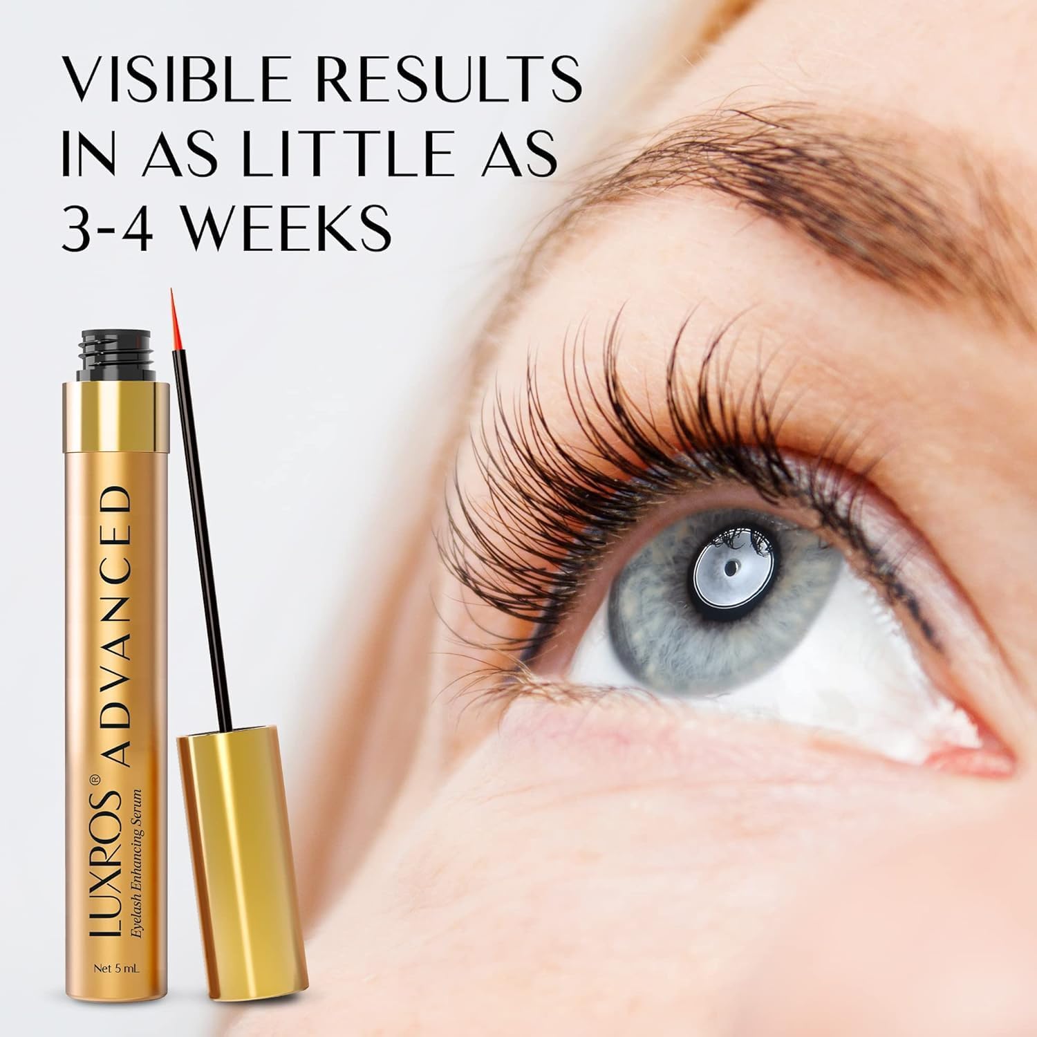 Daily-use shot of LUXROS eyelash growth serum simplifying lash care.