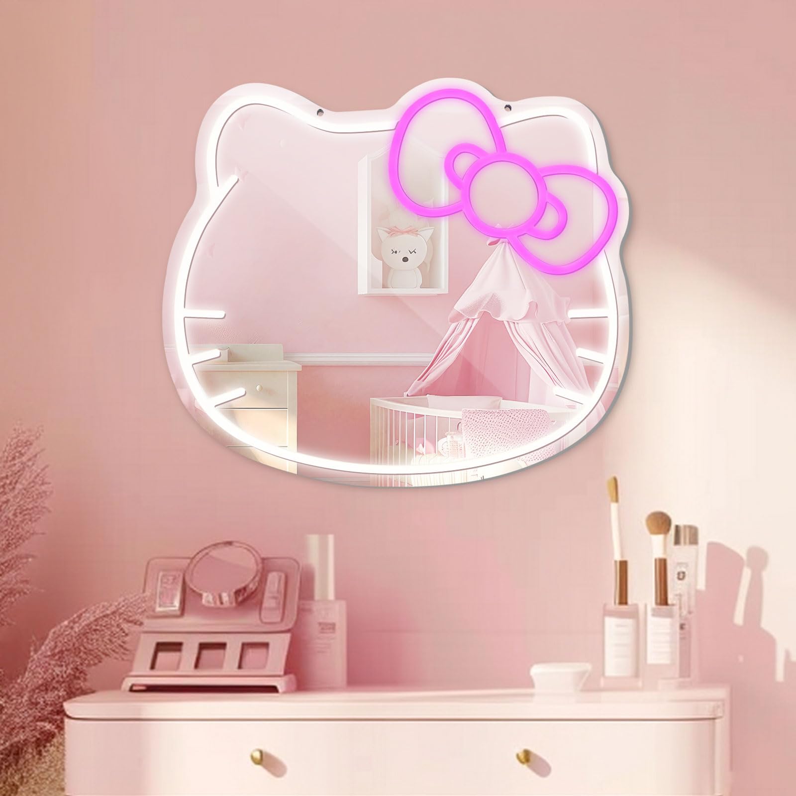 Luxuosa neon sign mirror with cat motif adds whimsical lighting for desk or dresser
